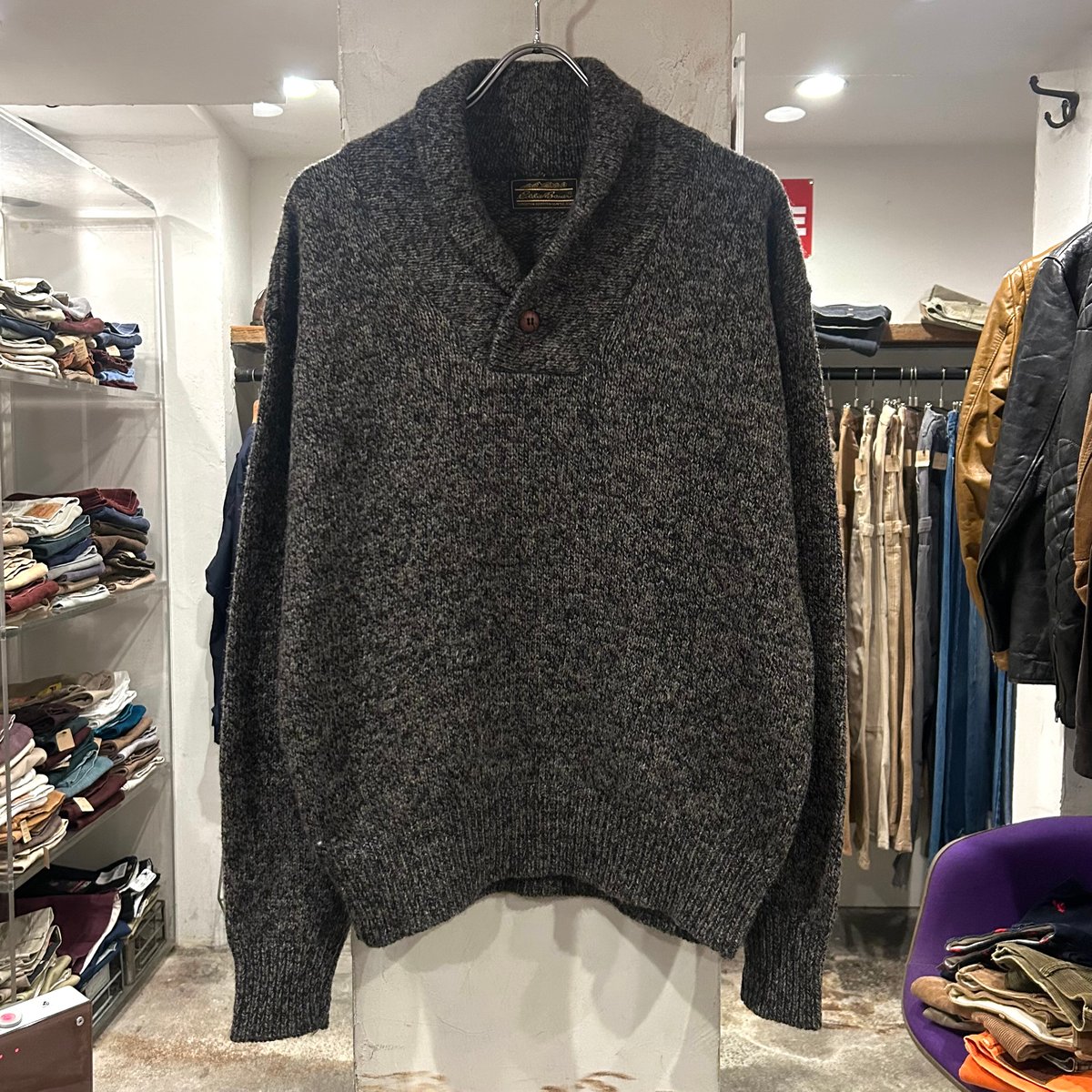 90'S Eddie Bauer エディーバウアー ショールカラー ウールニットセーター(S)グレージュ Eddie Bauer エディーバウアー ニット セーター ショールカラー