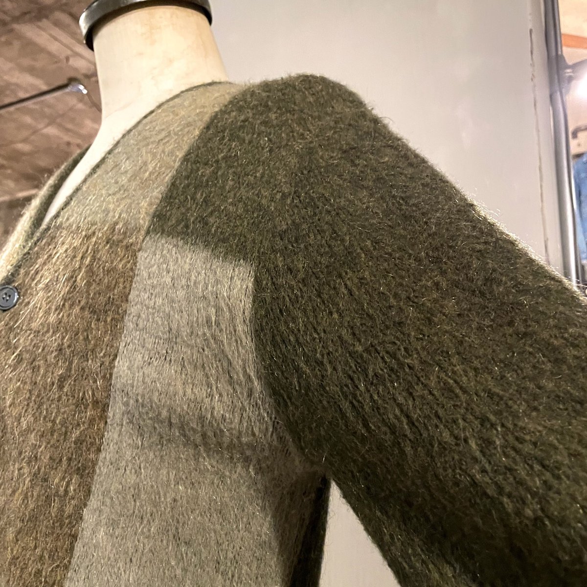 60s　CAMPUS　Vintage Mohair Cardigan　モヘアカーディガン　USA製　チェック柄　オリーブグリーン　(S3401)