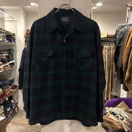 70s　PENDLETON　ウールチェックシャツ　ペンドルトン　ブラックウォッチ　オープンカラー　ボードシャツ　Size L　USA製　(S3940)