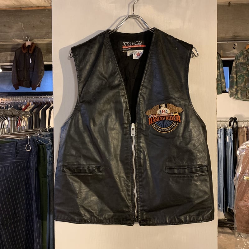 80s BROOKS ブルックス レザーベスト ハーレー ワッペン USA製 80s BROOKS ブルックス レザーベスト ハーレー ワッペン USA製