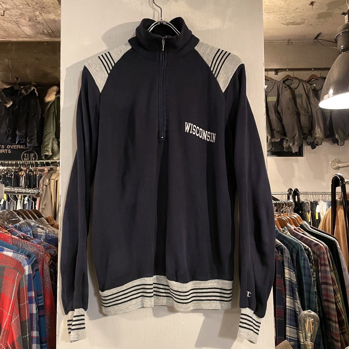 90s Champion ハーフジップ スウェット WISCONSIN ネイビー×グレー (S