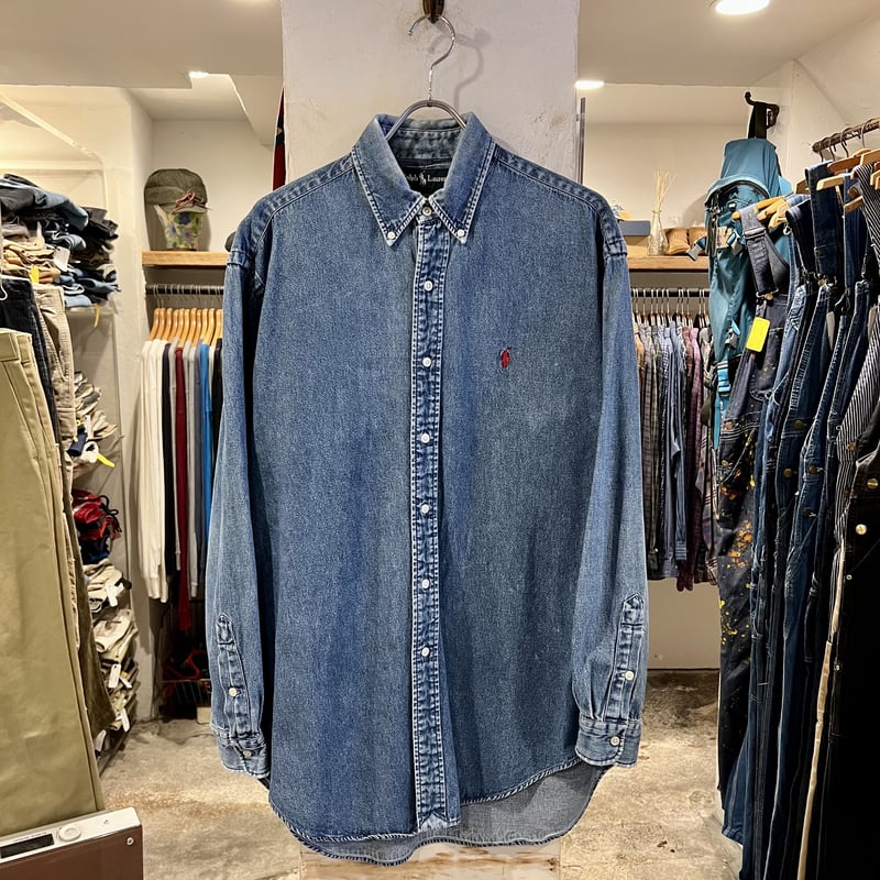 90s Ralph Lauren ラルフローレン デニムシャツ ボタンダウン M 90s ラルフローレン BIG SHIRT ワンポイント ポケット付き