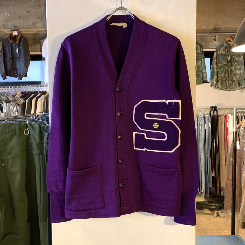 60s NELSON ヴィンテージ レタードカーディガン wool 紫色 レタード