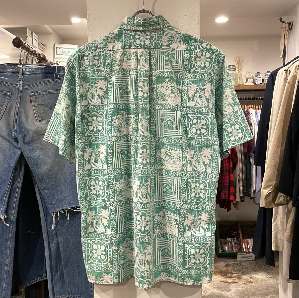 良品 80s レインスプーナー 乳首なし 半袖プルオーバーシャツ L reyn spooner ハワイアンシャツ 乳首無しタグ 80s レインスプーナー