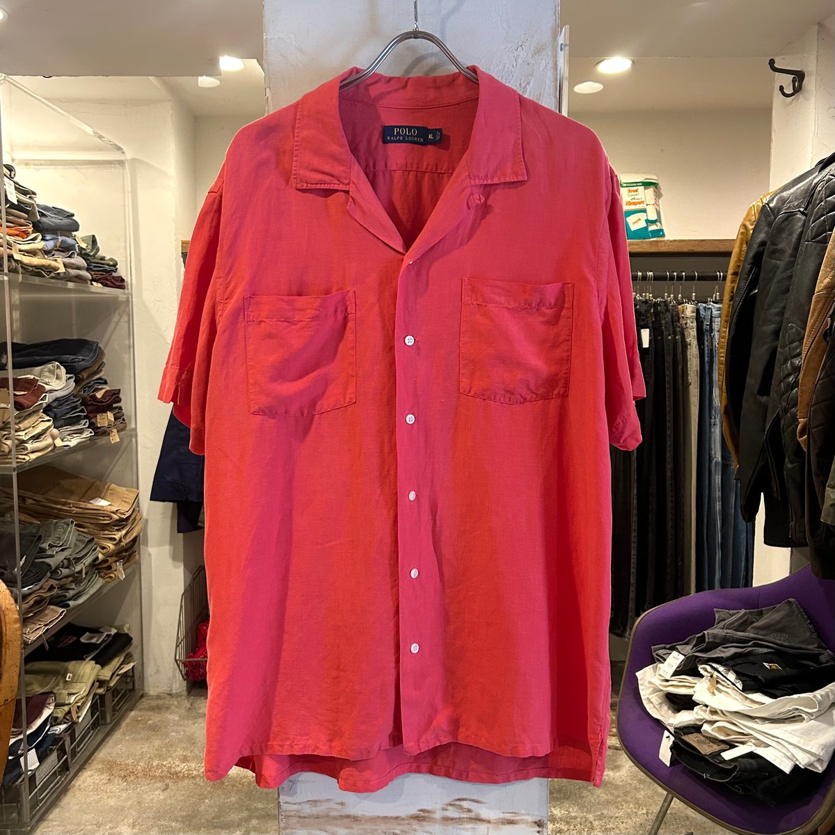 【美品】ポロラルフローレン 半袖開襟シャツ オープンカラー リネン 赤 L 総柄 POLO RALPH LAUREN S/Sオープンカラーシャツ ラルフローレン