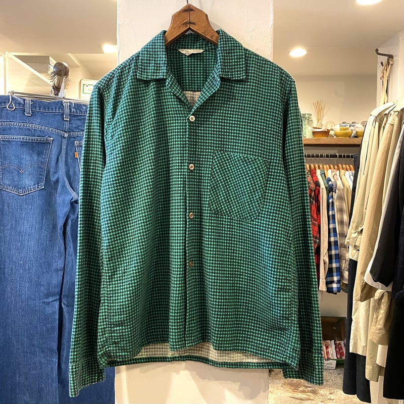Sportswear 50s プリントネル 千鳥格子柄 緑x黒 ヴィンテージ Sportswear 50s プリントネル 千鳥格子柄 緑x黒 ヴィンテージ