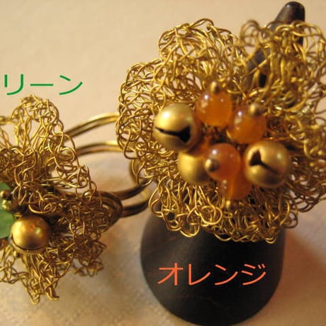 【真鍮ワイヤーの花びらが個性的】エスニック・フリーサイズリング【真鍮＆天然石お花リング】