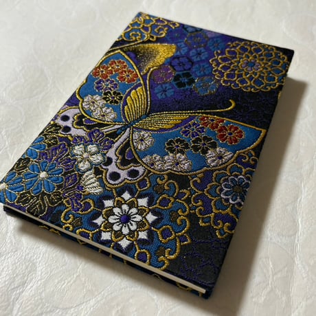 通常御朱印帳　金襴生地【瑠璃色蝶】18×12㍉　24山　バンド付き