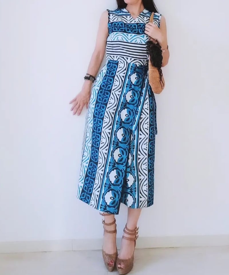 アフリカンプリント・ラップワンピース/Bleu Turquoise | AWA