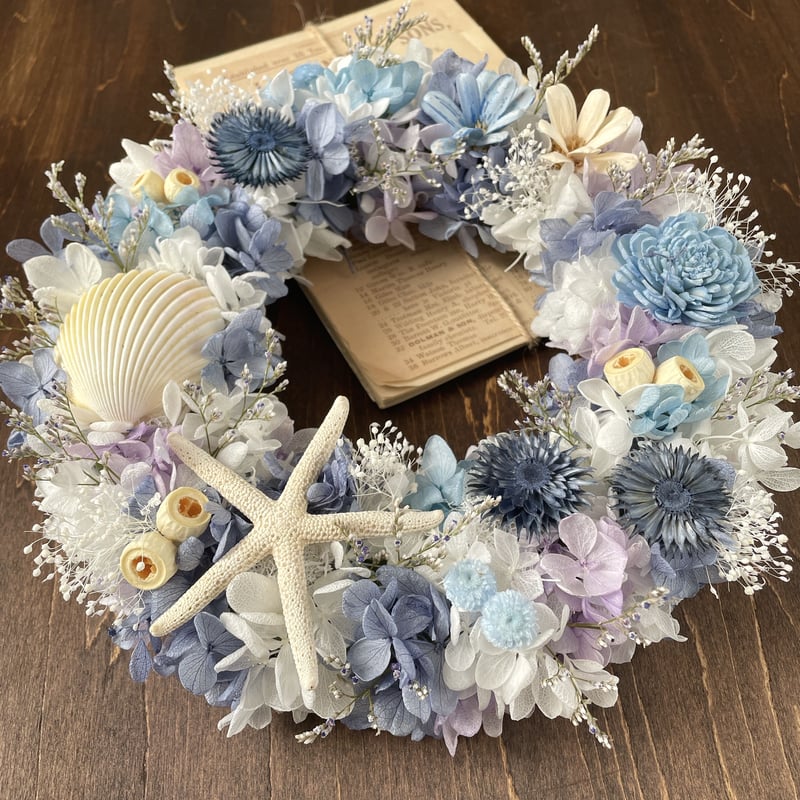 青のリース＊プリザーブド紫陽花＊シェルリース | Happy flower