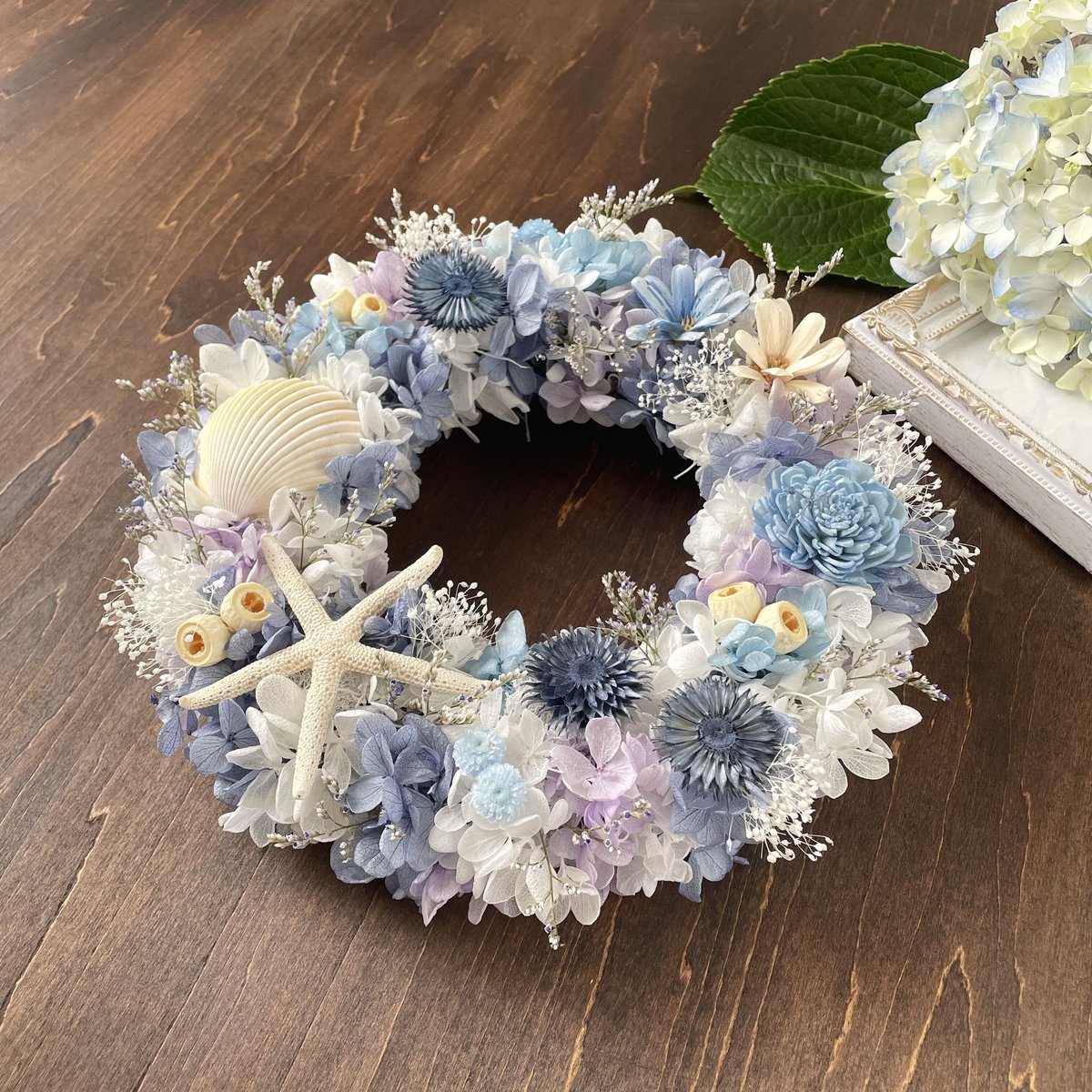 青のリース＊プリザーブド紫陽花＊シェルリース | Happy flower
