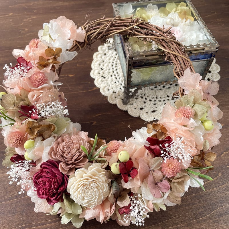 一点物　パーティーピンク　紫陽花ハーフリース　ワイヤークラフト　ディップアート 一点物 パーティーピンク 紫陽花ハーフリース ワイヤークラフト