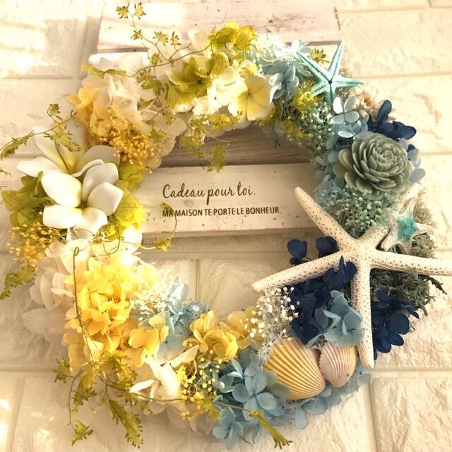 プリザーブドフラワーリース✳︎ブルー＆イエローのデュエット 海と太陽のリース【プリザーブドフラワーリース】 | Happy flower