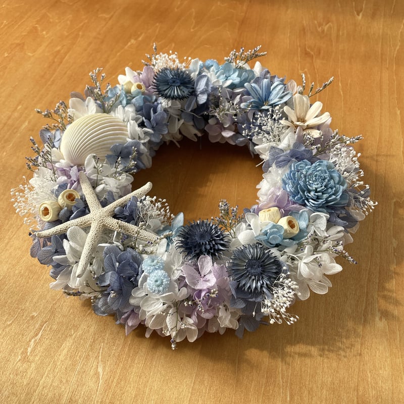 青のリース＊プリザーブド紫陽花＊シェルリース | Happy flower
