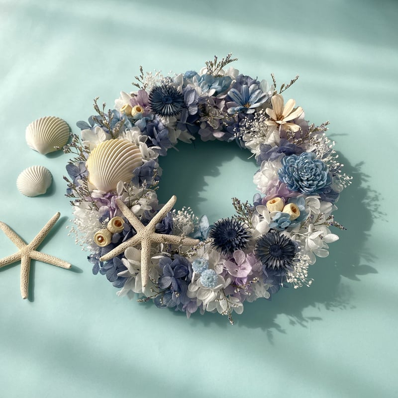 青のリース＊プリザーブド紫陽花＊シェルリース | Happy flower