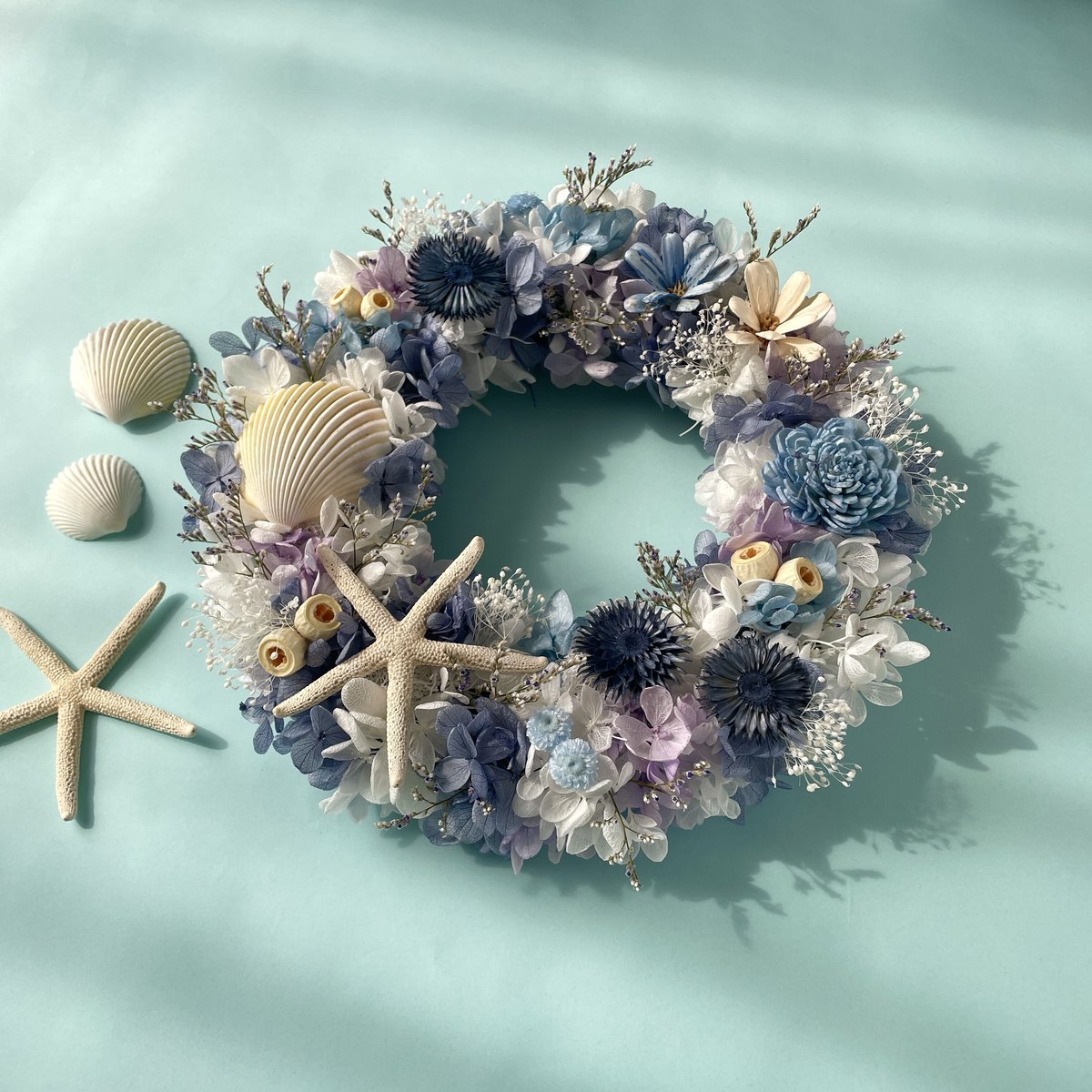 青のリース＊プリザーブド紫陽花＊シェルリース | Happy flower