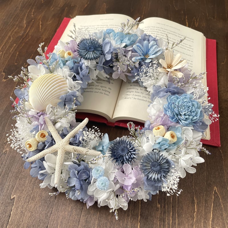 再々…販売！大人気！シェルリース♡ブルー 青のリース＊プリザーブド紫陽花＊シェルリース | Happy flower