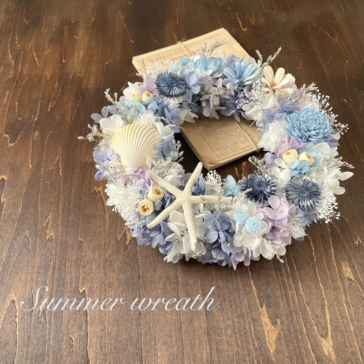 再々…販売！大人気！シェルリース♡ブルー 青のリース＊プリザーブド紫陽花＊シェルリース | Happy flower