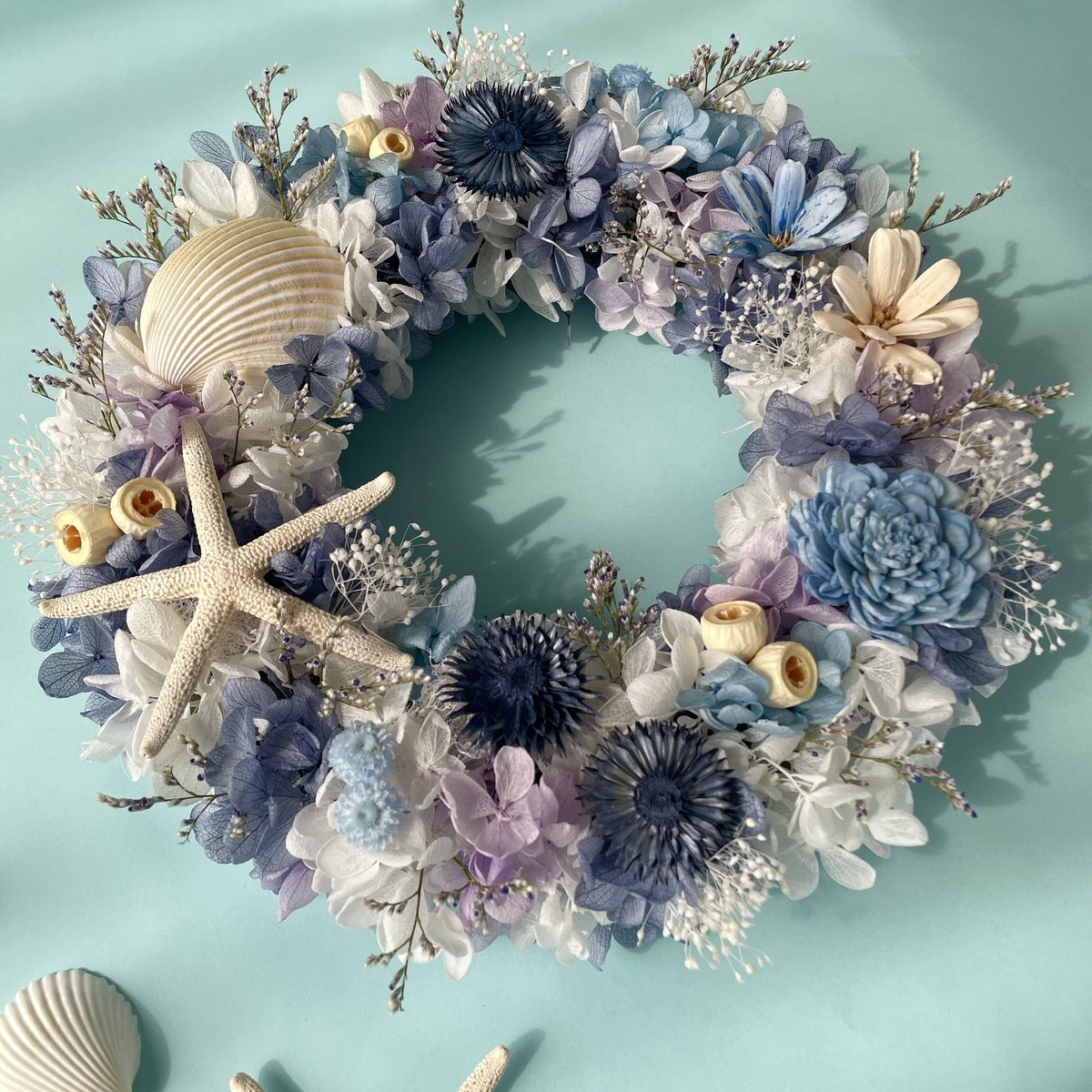 青のリース＊プリザーブド紫陽花＊シェルリース | Happy flower