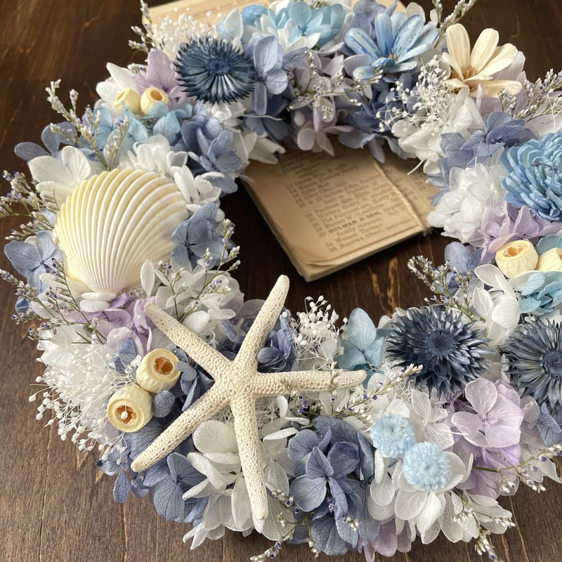 青のリース＊プリザーブド紫陽花＊シェルリース | Happy flower