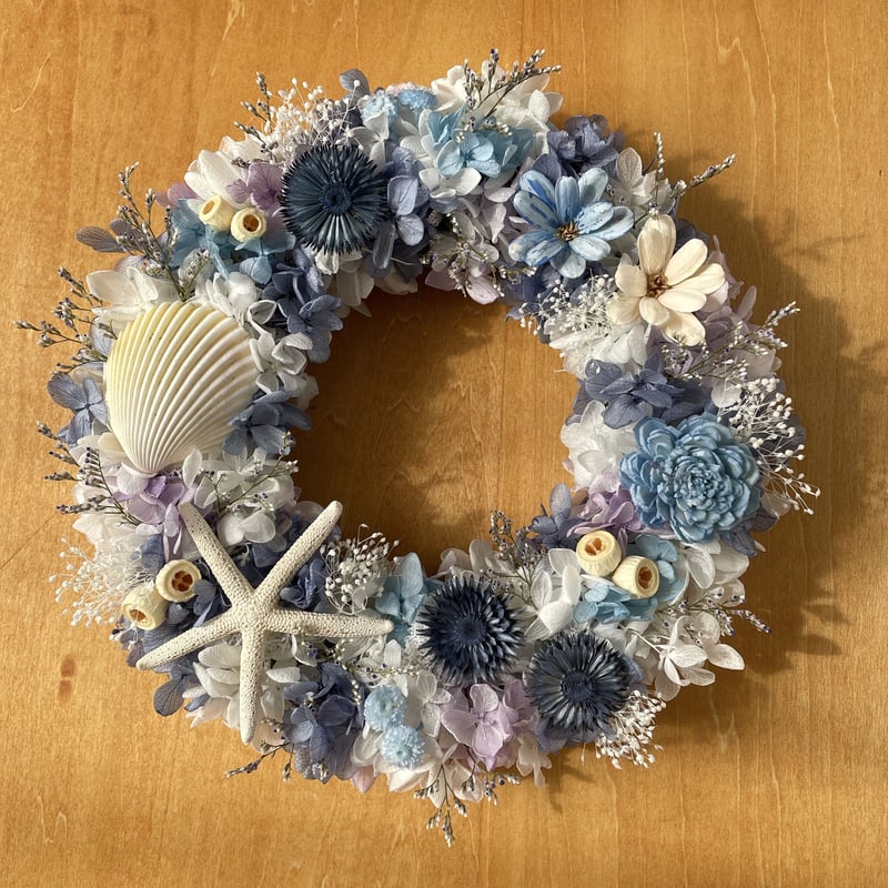 青のリース＊プリザーブド紫陽花＊シェルリース | Happy flower