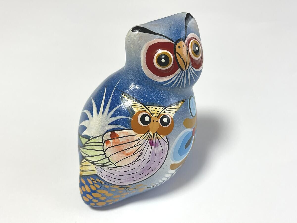 FLAVA フクロウの置物 青緑 九谷焼 フクロウ 置物 陶器 ふくろう 緑青盛 風水 開運 縁起物
