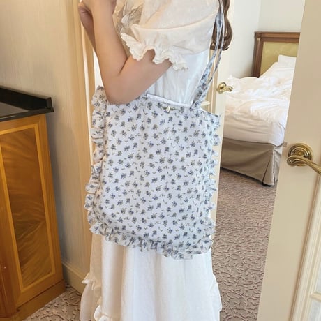 Floral frill tote bag (Blue)