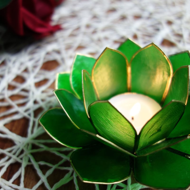 カピスシェル キャンドルホルダー 蓮の花 貝殻細工 緑（小） | Asian Taste