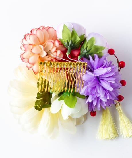 HA-0336 成人式 卒業式 お花 髪飾り 和風オリジナル髪飾り ベージュ 赤 紫 6種類の花 南天の実 日本製
