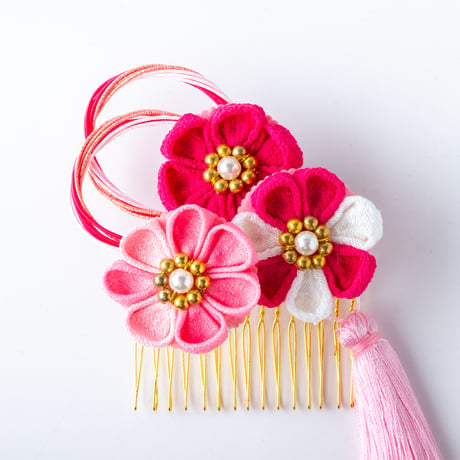 HA-0535 成人式 卒業式 お花 髪飾り 和風オリジナル髪飾り　赤　ピンク　つまみ細工　水引　フリンジ　日本製