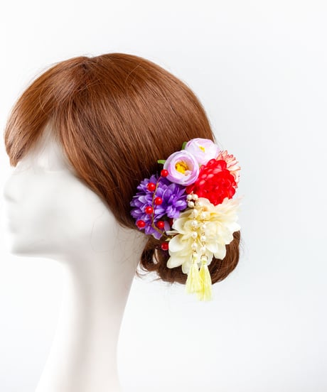 HA-0336 成人式 卒業式 お花 髪飾り 和風オリジナル髪飾り ベージュ 赤 紫 6種類の花 南天の実 日本製