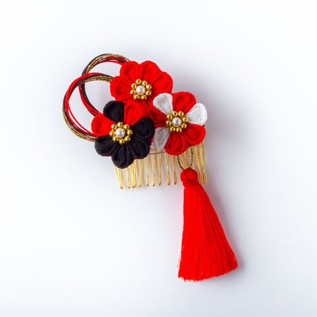 HA-0536 成人式 卒業式 お花 髪飾り 和風オリジナル髪飾り 赤　黒　つまみ細工　水引　フリンジ　日本製