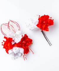 HA-0084 成人式 卒業式 お花 髪飾り 和風オリジナル髪飾り 赤 白 水引飾り ダブルデザイン 日本製