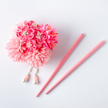 HA-0331 成人式 卒業式 お花 髪飾り 和風オリジナル髪飾り ピンク グラデーション お箸かんざし つまみ細工 日本製