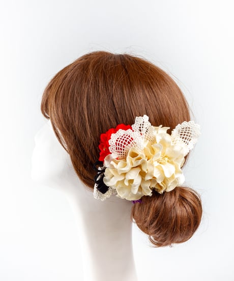 HA-0166 成人式 卒業式 お花 髪飾り 和風オリジナル髪飾り 白 ベージュ 赤 黒 レース 小ぶり 日本製