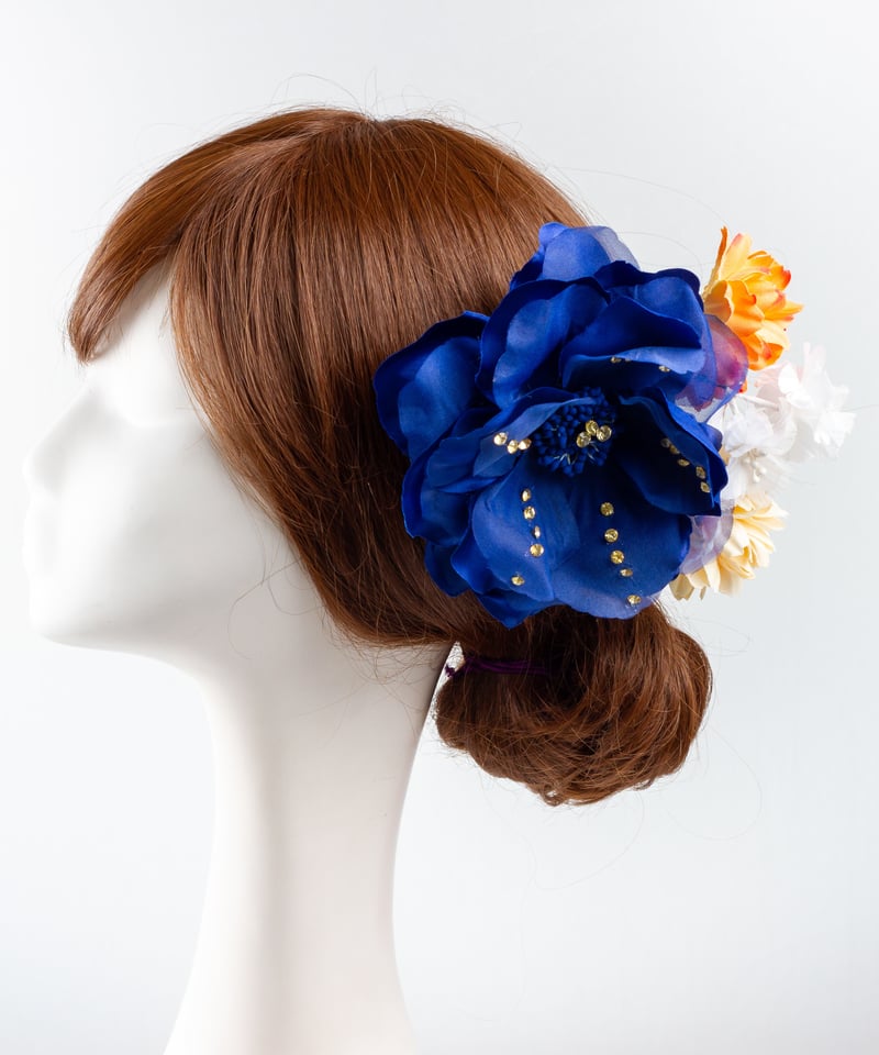 HA-0137 成人式 卒業式 お花 髪飾り 和風オリジナル髪飾り 青 紺