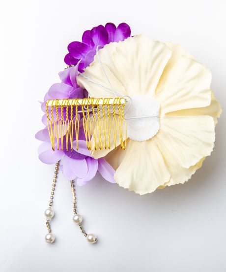HA-0204 成人式 卒業式 お花 髪飾り 和風オリジナル髪飾り 白 ベージュ 紫 パープル 垂れ飾り 日本製