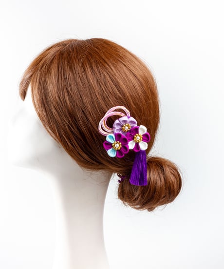 HA-0533 成人式 卒業式 お花 髪飾り 和風オリジナル髪飾り　紫　つまみ細工　水引　フリンジ　日本製