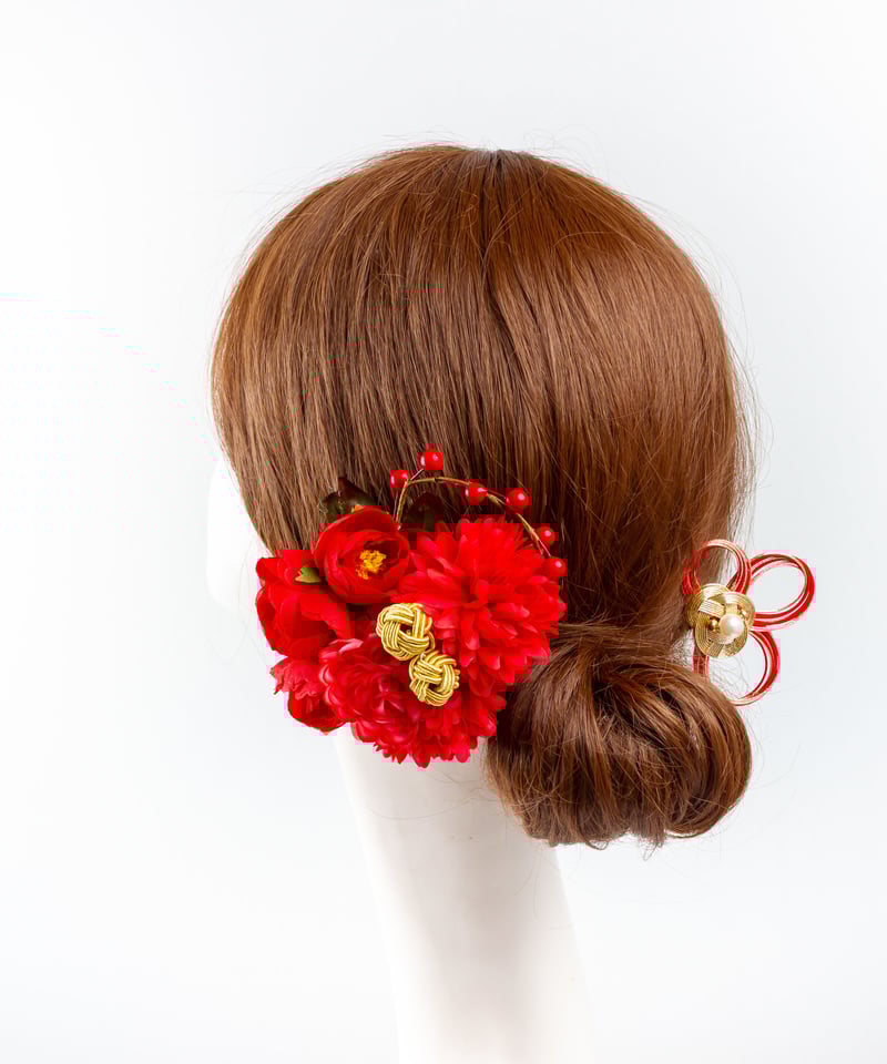 HA-0351 成人式 卒業式 お花 髪飾り 和風オリジナル髪飾り 赤 水引細工