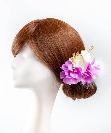 HA-0315 成人式 卒業式 お花 髪飾り 和風オリジナル髪飾り 白 紫 金 ファー ゴージャス 日本製