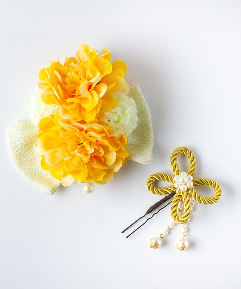 HA-0343 成人式 卒業式 お花 髪飾り 和風オリジナル髪飾り 黄色
