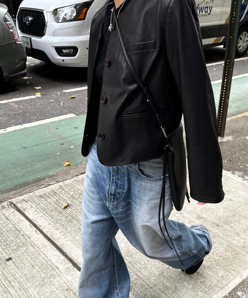 collarless leather jacket | ok.soon