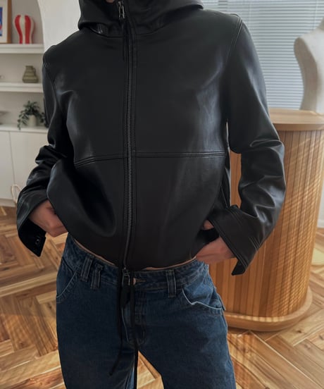 hooded leather blouson(black)