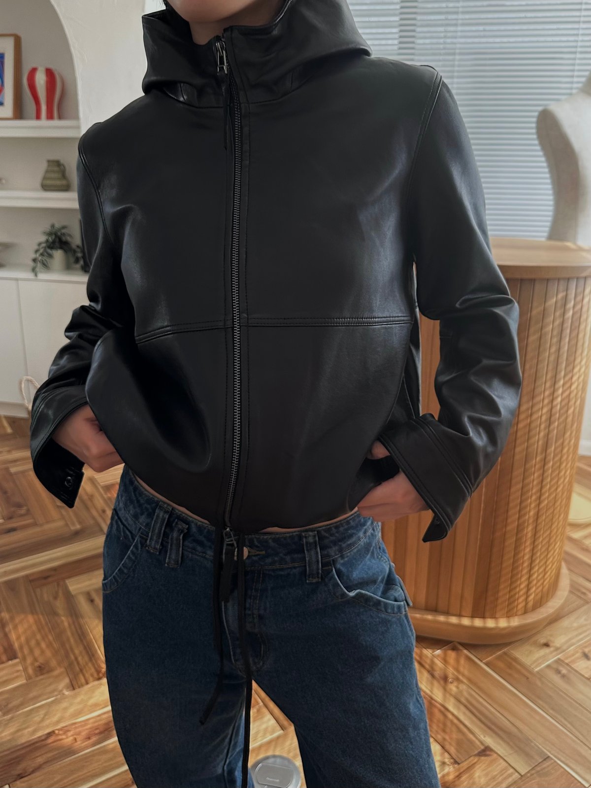 hooded leather blouson(black) | ok.soon