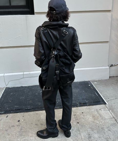 hooded leather blouson(black)