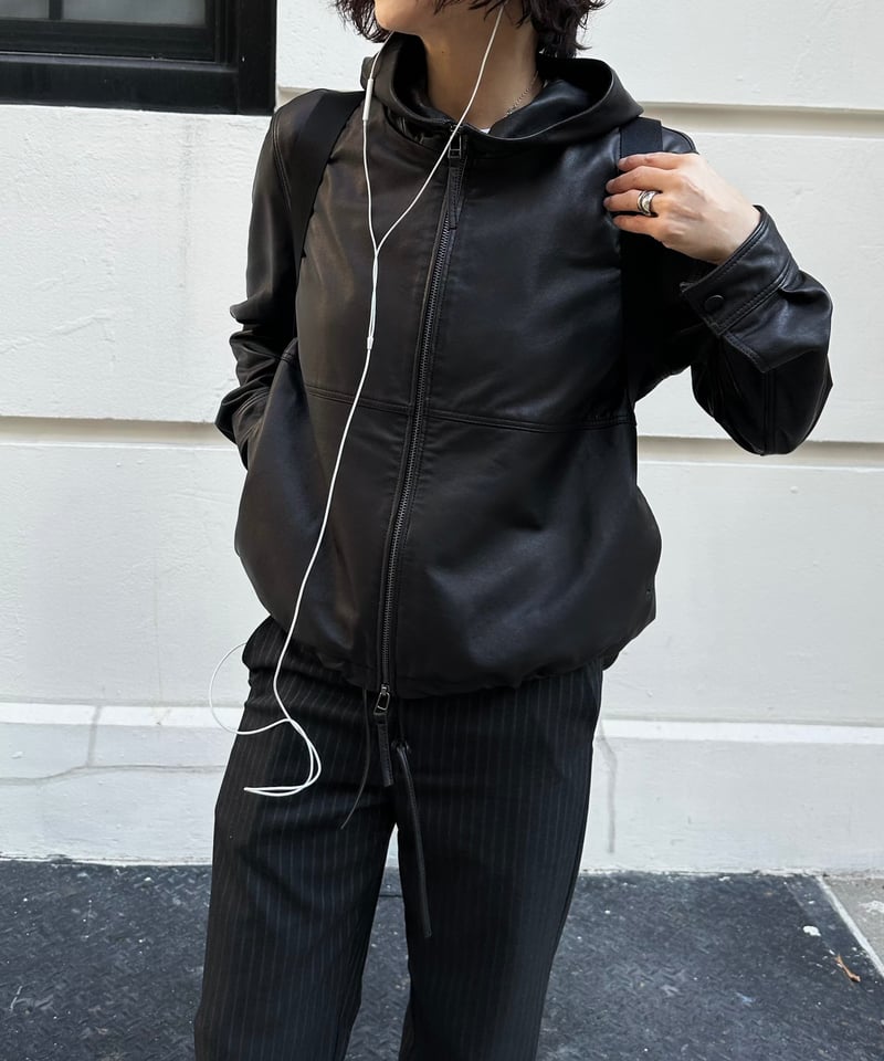 hooded leather blouson(black) | ok.soon