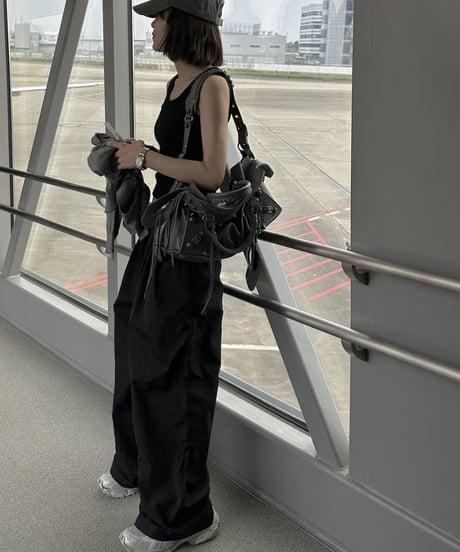 nylon wide pants black