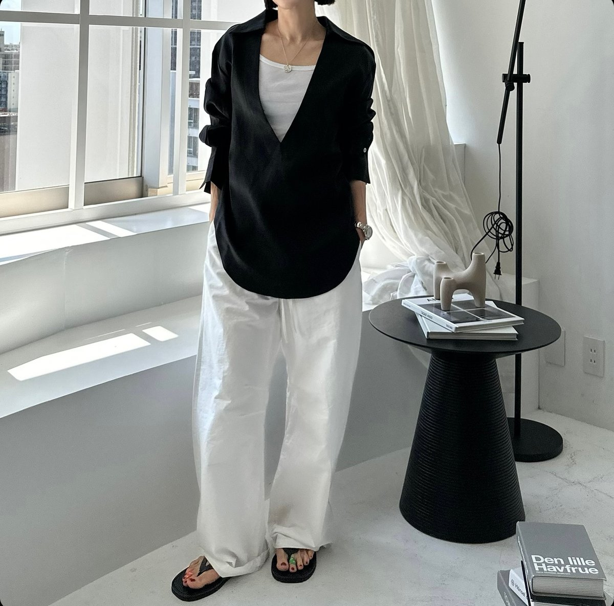 drawstring cotton pants white | ok.soon 