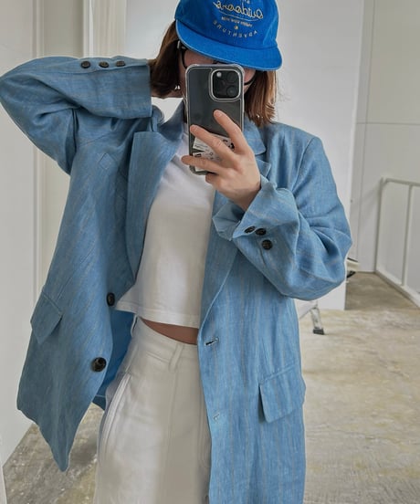 pencil stripe linen jacket blue