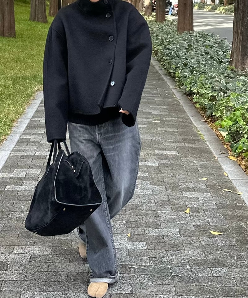 stand collar short coat(gray/black) | ok.soon